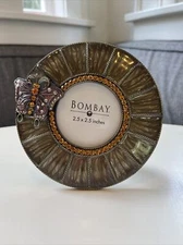 Round Bombay Co Lacquered Marble Frame w/Butterfly - Rhinestones/Crystals