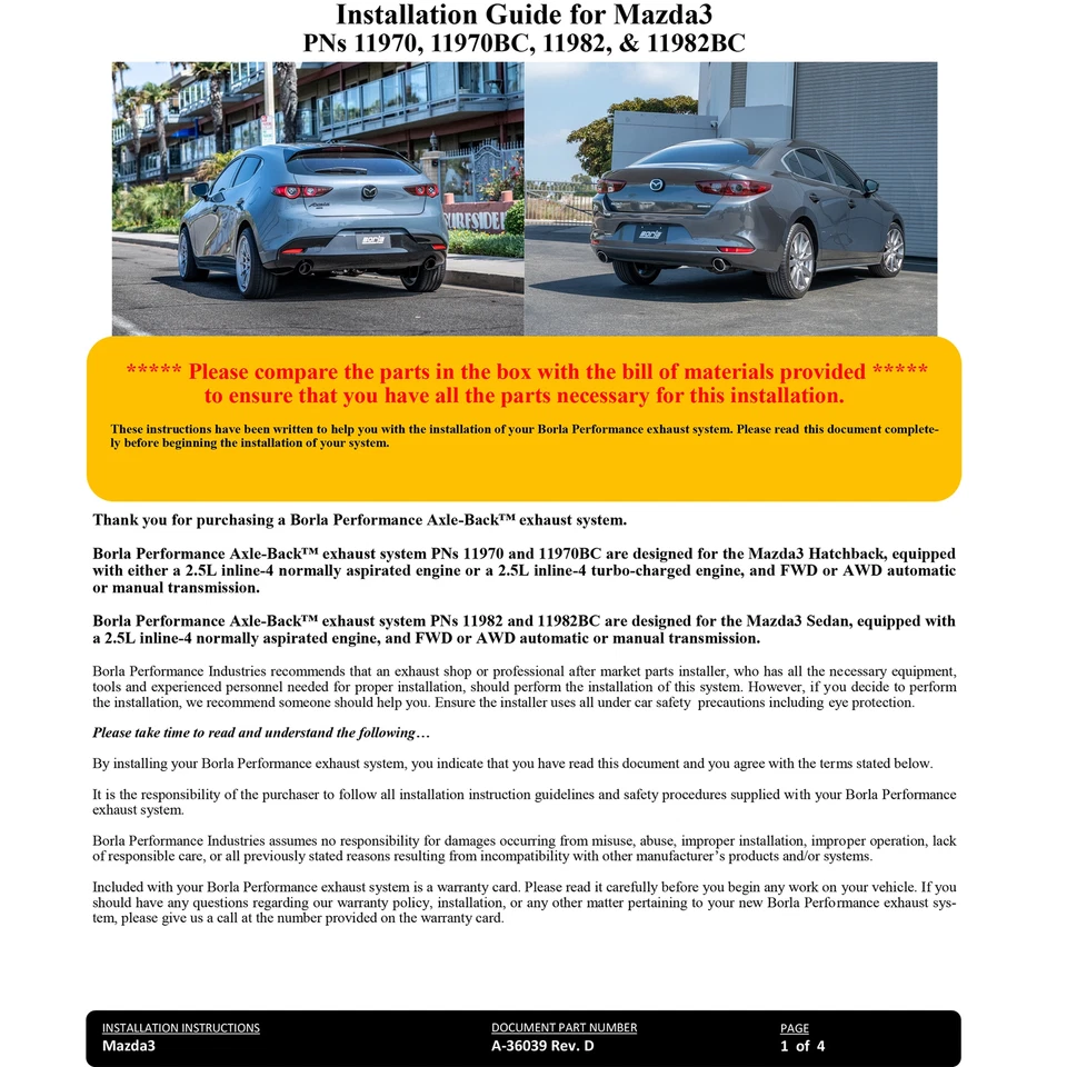 Sistema de escape trasero eje tipo S Borla 11982BC para Mazda 3 2019-24 2,0 L 2,5 L Foto 4 de 4