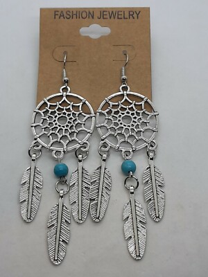 Native American Turquoise Bead Dream Catcher Tibetan Silver Dangle Earrings 