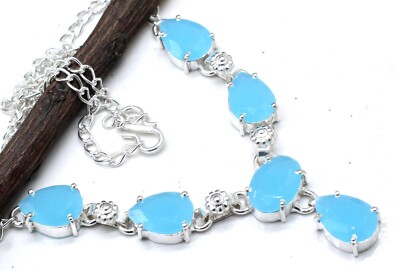 925 Sterling Silver Chalcedony Gemstone Jewelry Necklace Size-17-18