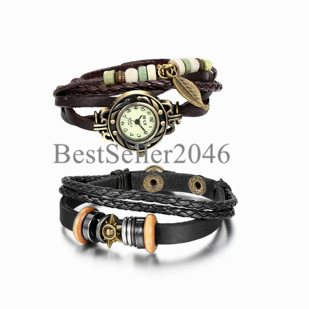 2pcs Men Women Handmade Vintage Leather Wrap Band Quartz Couple