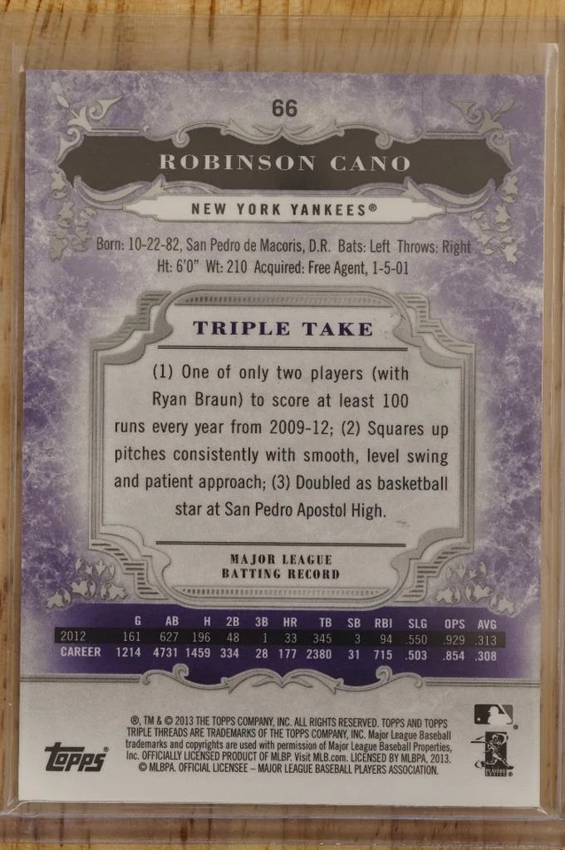 2013 Topps Triple Threads Baseball Card Amethyst #66 Robinson Cano 622/650 - Image 2 of 2