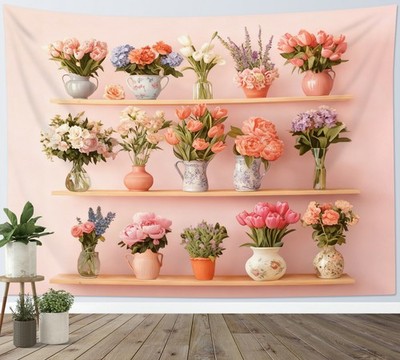 Spring Pink Floral Potting on Bookshelf Tapestry for Bedroom Living Room Dorm