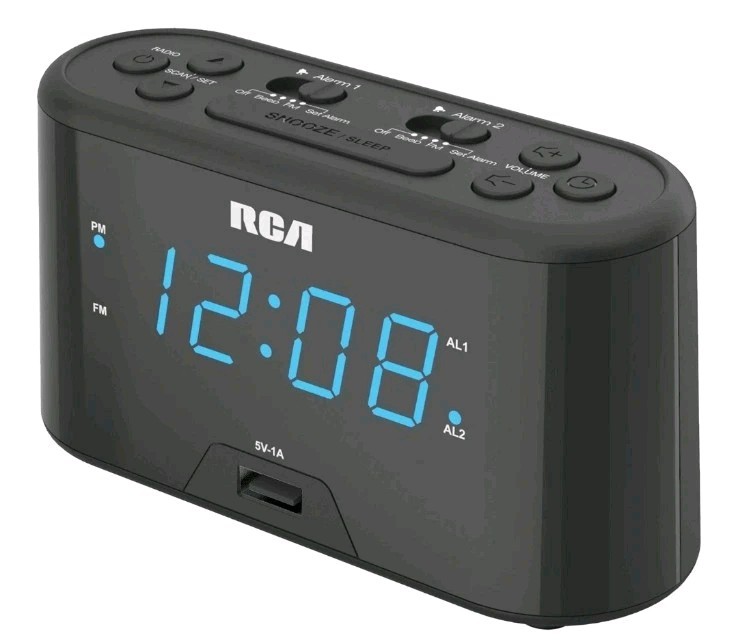 RCA Digital Radio Alarm Clock with Large Numbers and USB Charging, RC 571 reference