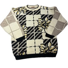 Vintage 80's 3D Knit Spunky Metallic Floral Cream/Black Knit M/L Sweater