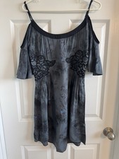 Free People Women's Mini Dress Gray And Black Floral Print Open Shoulders Sz 6