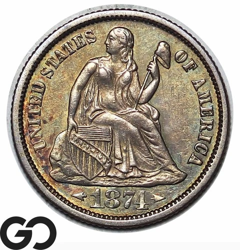 1874 Seated Liberty Dime, Arrows, RARE This Nice, Solid Gem BU++ Key Date!