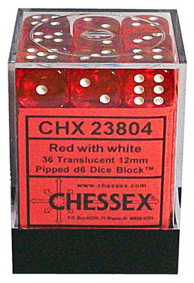 Chessex 36 Dice Set Translucent Red with White d6 12mm CHX 23804 New Die Block