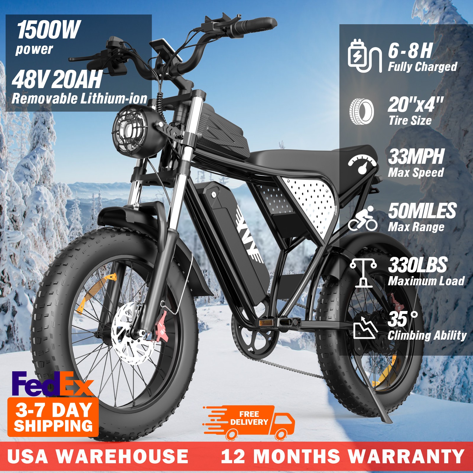 YVY 1200/1500/3000W 48/52V 15.6/20/40Ah 20'' Electric Bike Eco-friendly ebike US