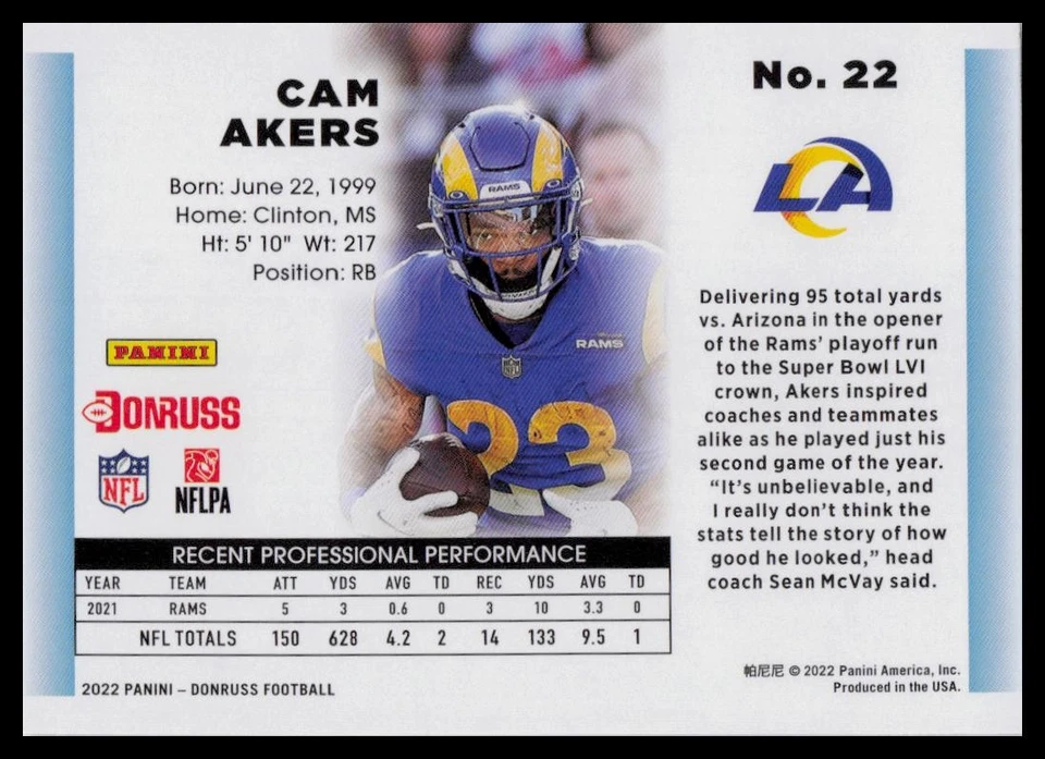 2022 Donruss #22 Cam Akers Retro 1992 - Image 2 of 2