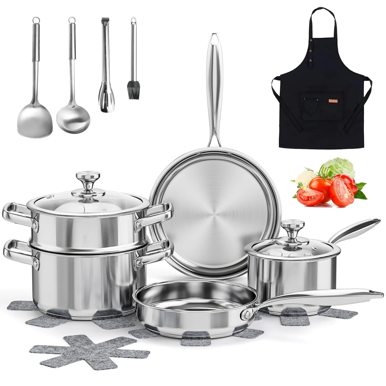 ASKSCICI Stainless Steel Cookware Set, 16-Piece Pots and Pans Set Non Toxic,