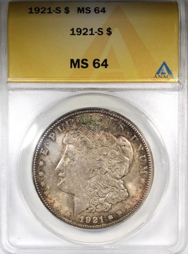 1921-S Morgan Dollar ANACS MS64 Toned VAM 1AS Clashed Scribbles