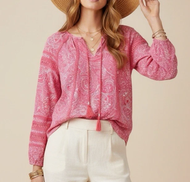 COOLIBAR Sarti Shirt Paisley Crochet Trim Size M Pink White Resort Boho UPF50+