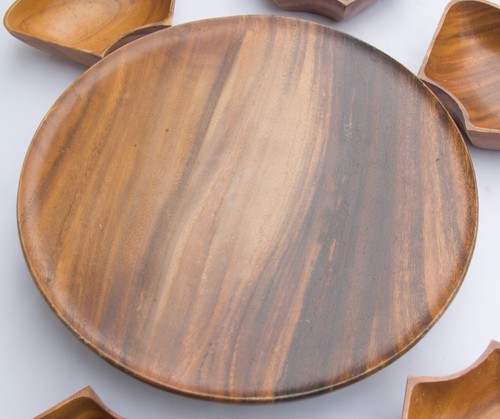 Vintage 70s Wood Lazy Susan 7 Piece Set Removable Serving Dishes 13.5 Inch - Picture 5 of 13