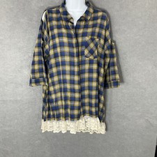 Umgee Shirt Dress L Button Up Plaid Lace He3/4 Open Shoulder Sleeve Boho Peasant