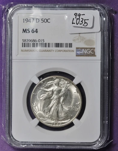 1947-d Walking Liberty Half Dollar.  In NGC Holder.  MS 64.  L035