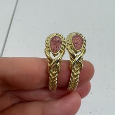 Vintage Hoop Earrings Pink Swirl Gold Tone Rope Look Pierced Wrap