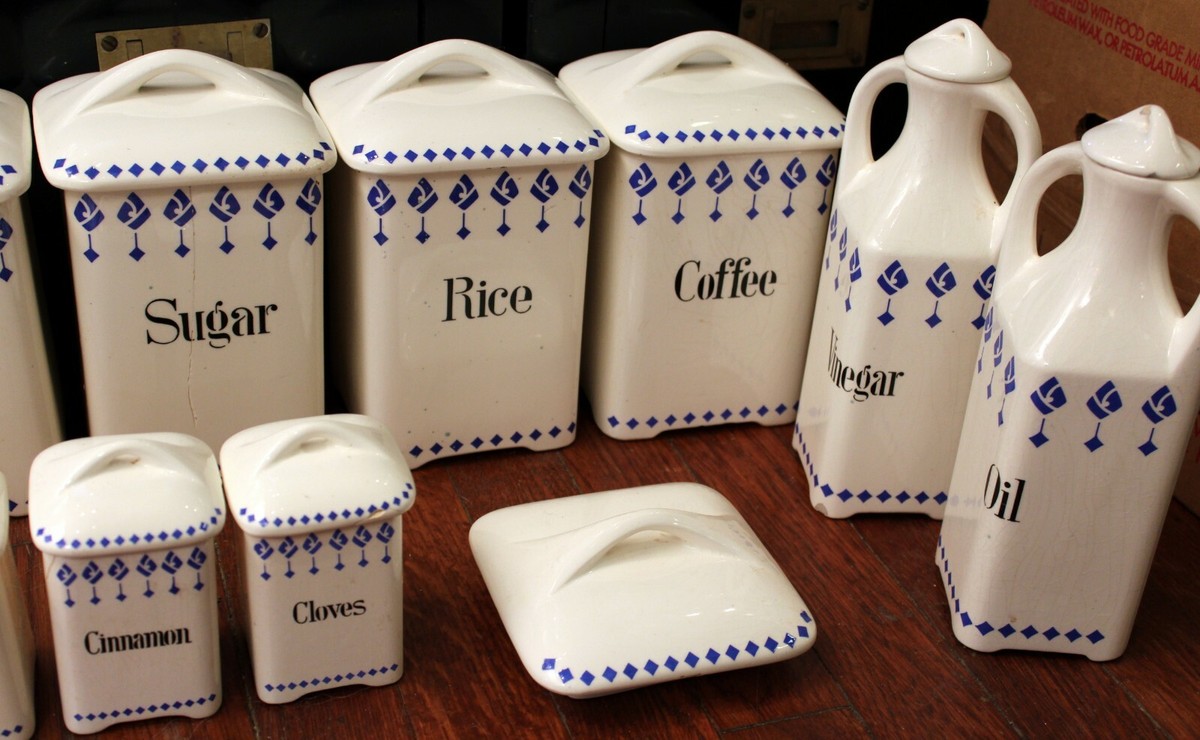 Vintage Kitchen Canister Jar Set Spice German Pottery Blue
