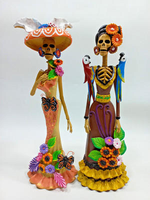 Set of 2 FINE ART CATRINAS mexican day of the dead handmade folk art lot 14''