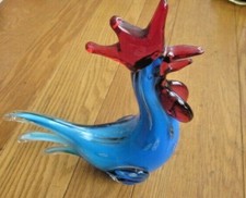 VINTAGE Hand Blown Murano Style Glass Rooster 9" TALL BLUE WITH RED COMB EXC CON
