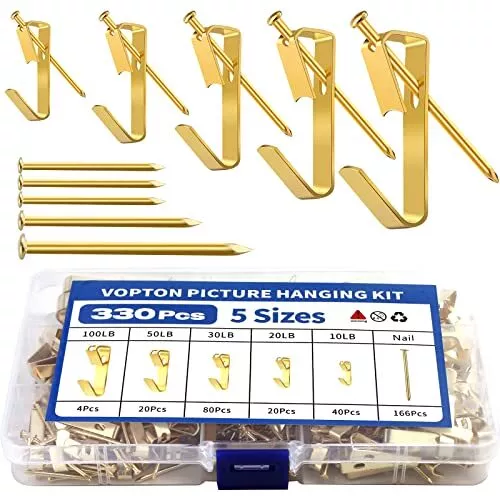 100-10Lbs Gold Picture Hanging Hooks on Drywall for Pictures Clock, 330Pack