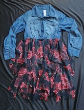 JUSTICE GIRL'S SIZE 12 DENIM AND TULLE ROSES LONG SLEEVE CHEST POCKETS DRESS