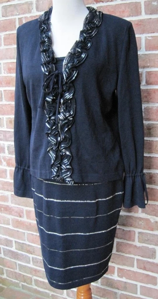 Conjunto de 3 piezas de chaqueta de lentejuelas St John Evening azul marino plateado talla 8 falda sin mangas M talla 6 Foto 2 de 4