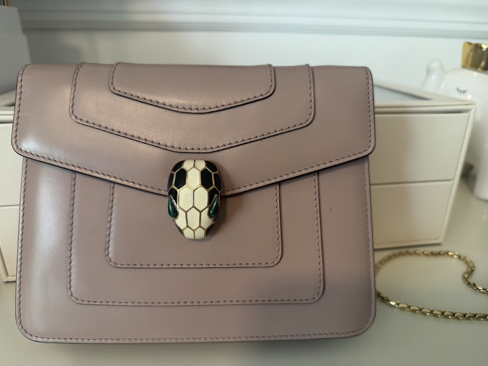 BVLGARI Serpenti Forever Crossbody Shoulder Bag Wallet Calfskin, Beige