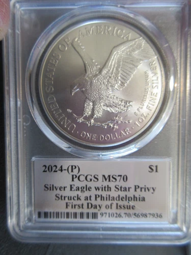 2024-P Silver Eagle With Star Privy PCGS MS70 First Day Issue David Hall Signed
