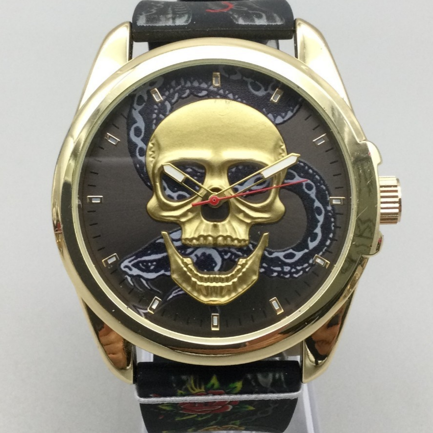Ed Hardy Watch Mens 47mm Gold Tone Skull Snake Black Dial New