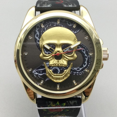 Ed Hardy Watch Mens 47mm Gold Tone Skull Snake Black Dial New