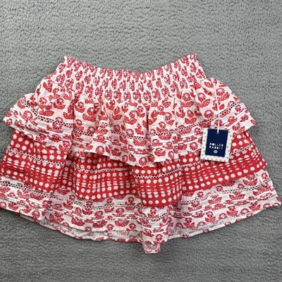 Roller Rabbit Skirt Womens Small Red Floral Ruffle Tiered Elastic Waist Cotton