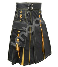 Men's Black Utility Kilt Yellow Under Pleats Cotton Hybrid Cargo Custom Size
