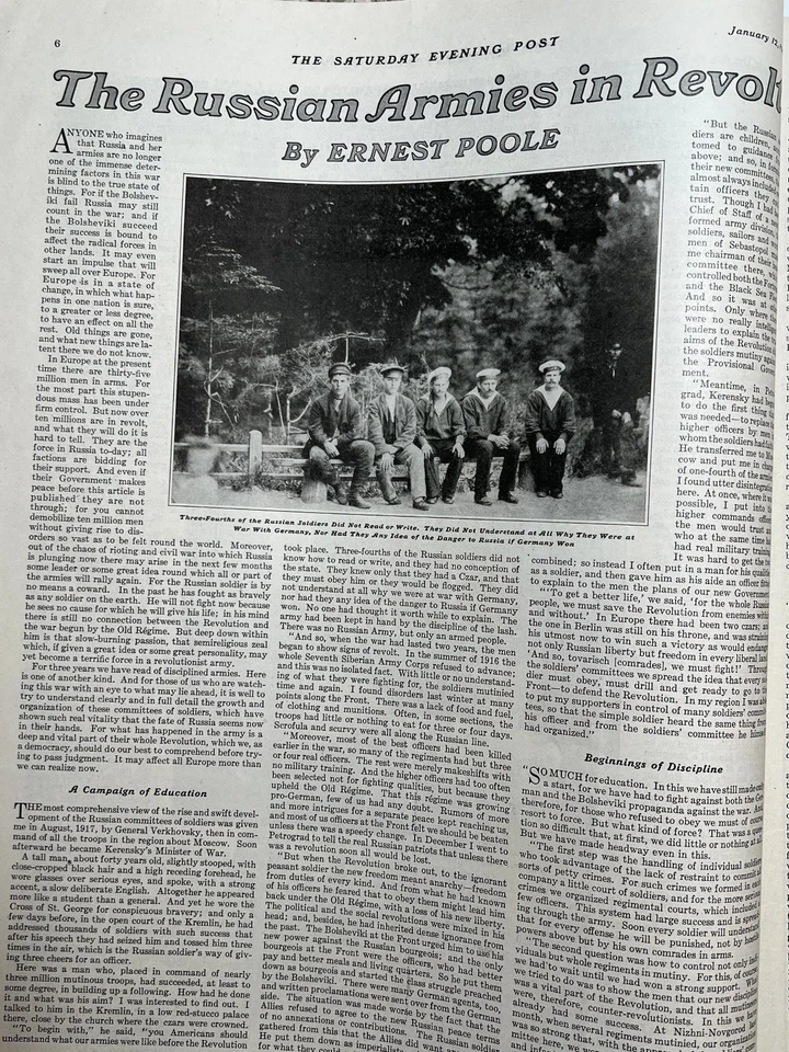 SATURDAY EVENING POST - Jan 1918 - RUSSIAN ARMY REVOLT / Art Deco  Automobile Ad - Image 2 of 4