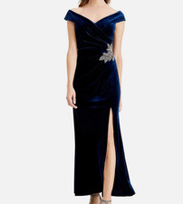 Alex Evenings Women's Blue Velvet Off-Shoulder Evening Dress Size 18