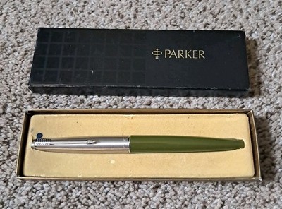 Vintage Parker 45 Fountain Pen 6-125-1 Olive Green Stainless Steel Cap & Box T