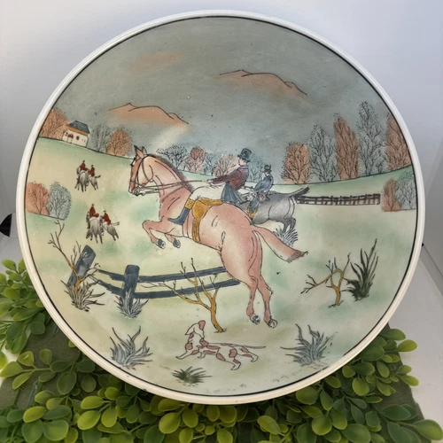VTG Chinese Bowl Porcelain Man Riding Horses Equestrian Large Estate Countryside