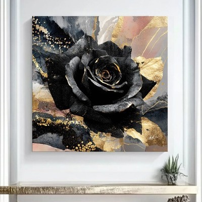 Abstraktes Leinwandbild Schwarze Rose Gold Schwarz 3D Optik Wandkunst 8827A