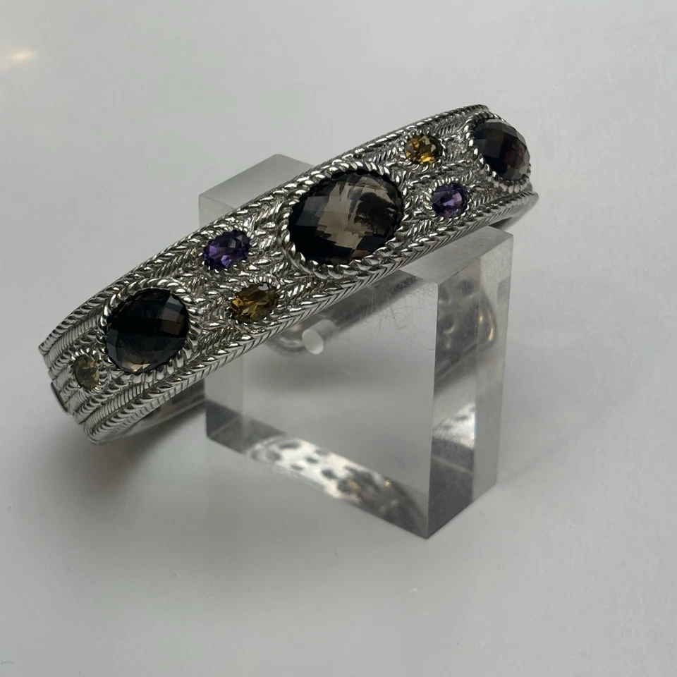Judith Ripka Bracelet Hinged Cuff 7.5 Smoky Quartz Amethyst Sterling Silver 80g - Image 2 of 4