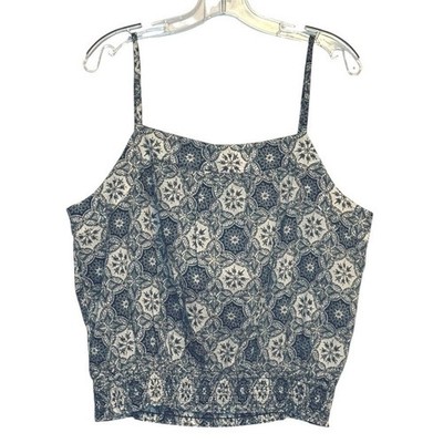 Loft Outlet Cami Top Blue White Medallion Tile Print Smocked Hem Boho Peasant L