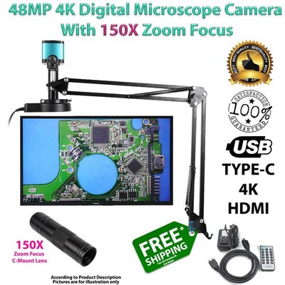 Microscope Camera Digital 4K 48MP HDMI USB Video VGA Monoclar HD 150X Zoom Lens