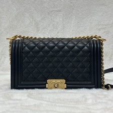 Chanel Boy Medium Black Caviar Leather Antique Gold Hardware Chain Strap