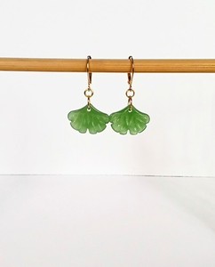 Authentic Jade Glass Gingko Earrings,18k Gold Plated