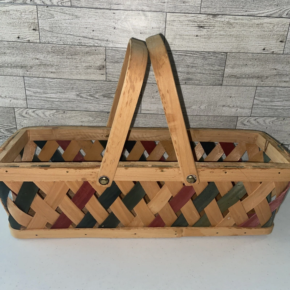 Vintage Oak and Splint Primitive Double Handle Basket Americana 15