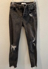 KanCan Women's 3/25 Distressed Button Fly Ankle Skinny Jeans Black Gray Raw Hem