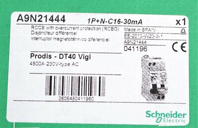 Disjoncteur Différentiel Schneider A9N21444 – Prodis DT40 VIGI – 1P+N 6kA 16A 30mA