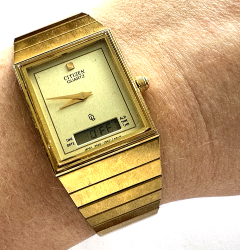 Vintage Citizen 30-4701 Rectangle Analog Digital Gold Tone Men's Watch Runs - Picture 2 of 21