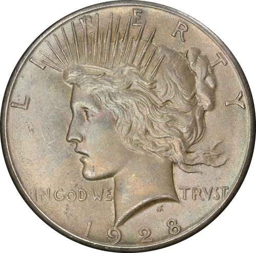 1928 PCGS AU58 Peace Silver Dollar $1 Strong Luster, Original Tone, PQ Key Date!