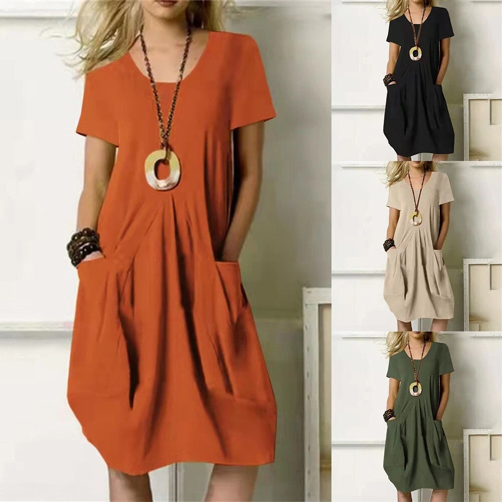 Women Dress Solid Color Sundress With Pocket Black Army Green