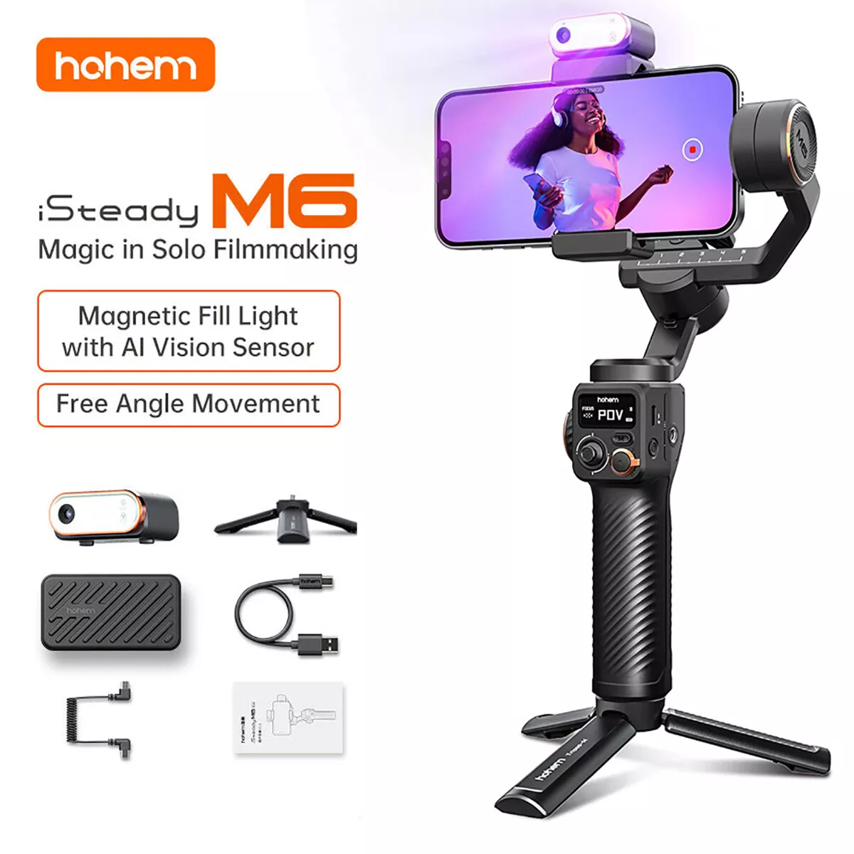 Hohem iSteady M6 Handheld Gimbal Stabilizer Kit Selfie Tripod for  Smartphone with AI Magnetic Fill Light